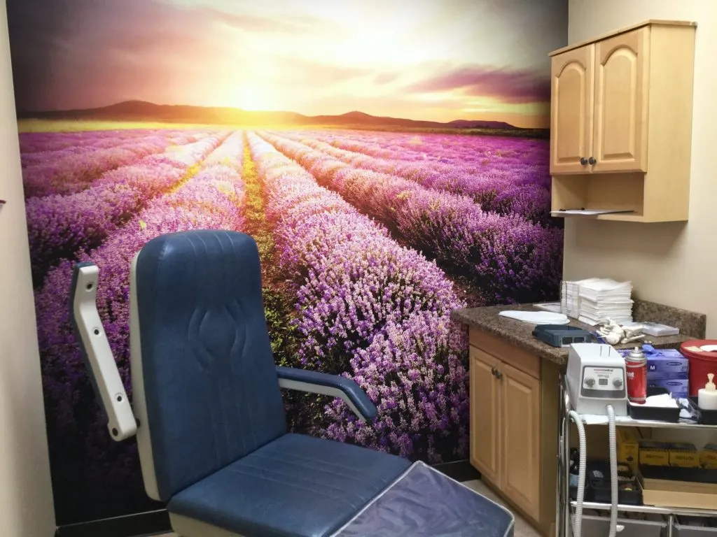 Ronkonkoma NY Podiatry Interior photo: Relaxing patient chair in treatment room with sunset over lavender fields photo mural