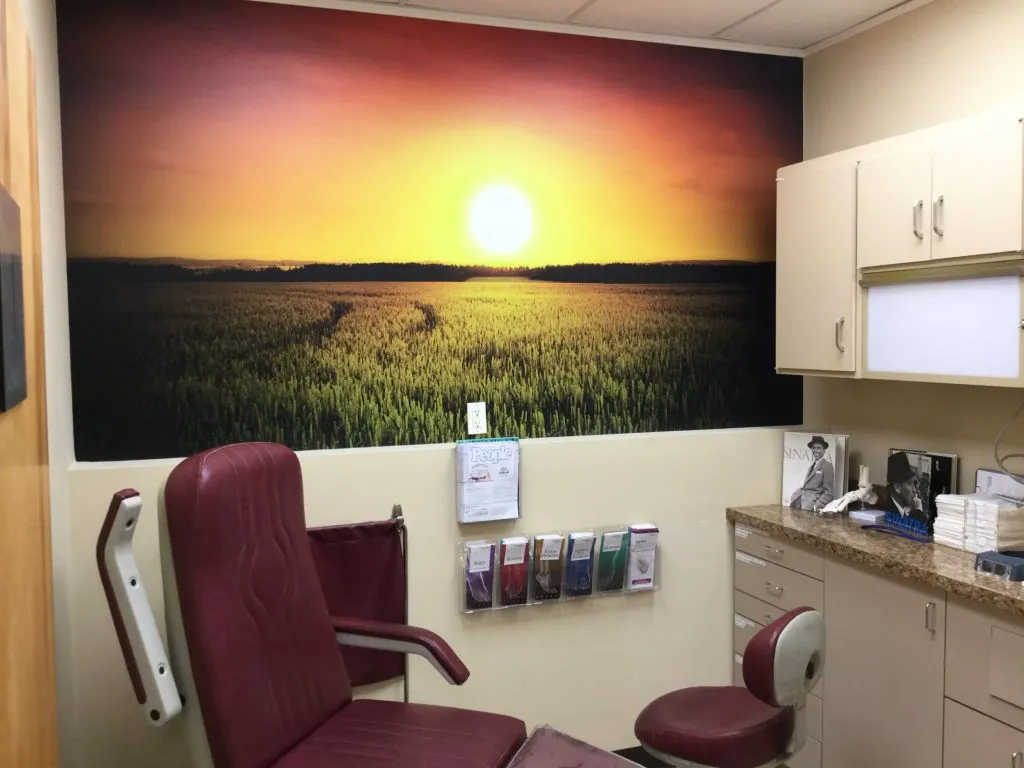 Ronkonkoma NY Podiatry Interior photo: Relaxing patient chair in treatment room with sunset over a field photo mural